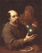 unknow artist A man seated at a table holding a flagon,a servant offering him a glass of wine oil on canvas